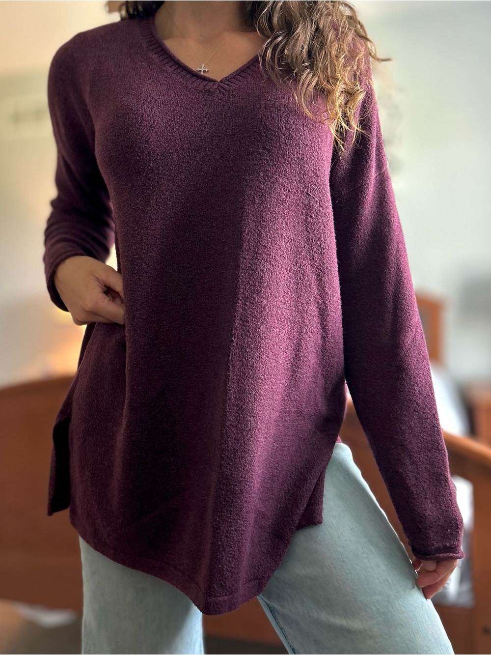 Women's V-Neck Longline Sweater Tunic in Plum